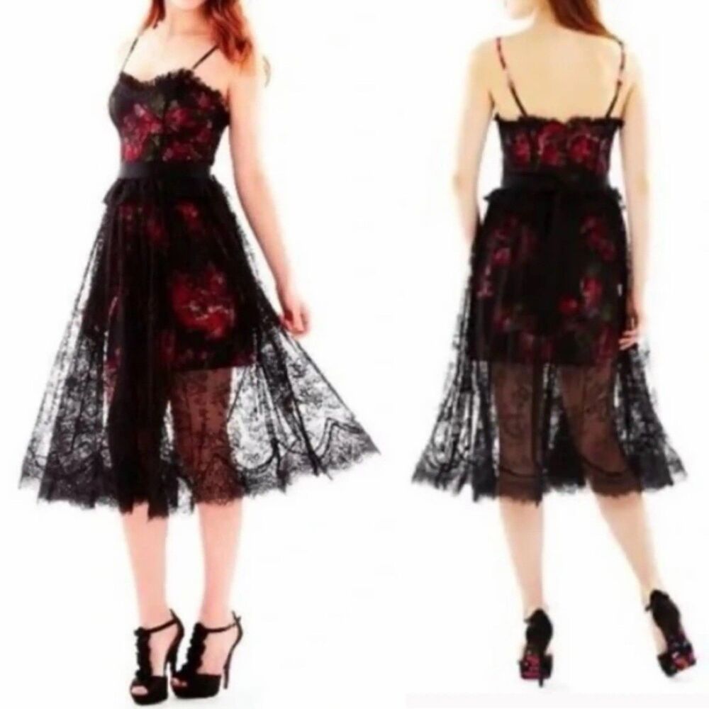 Pearl by Georgina Chapman Lace Floral Midi Dress Black Pink Size 2